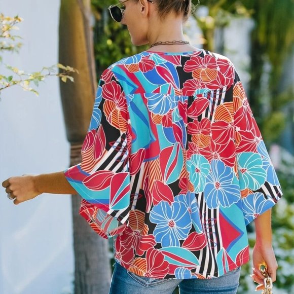 Boho Floral Print Blouse BLUE - Picture 3 of 7